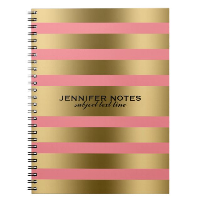 Metallic Faux Gold Stripes Pink Background Notebook (Front)