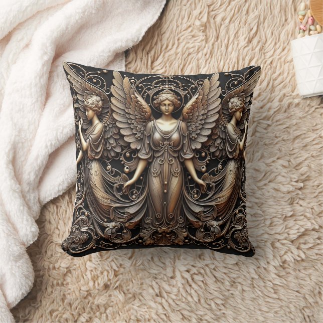 Metallic Faux Relief Angels Art Throw Pillow (Blanket)