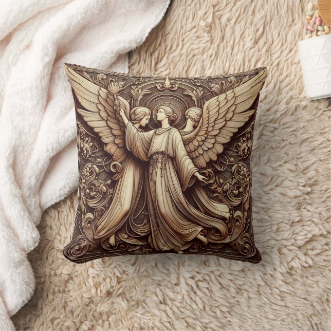 Metallic Faux Relief Angels Art Throw Pillow (Blanket)