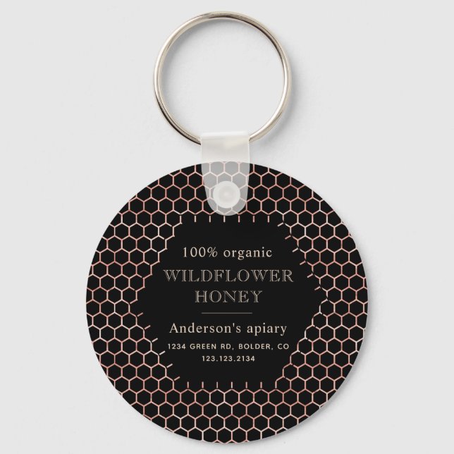 metallic faux rose gold honeycomb monogram apiary key ring (Front)