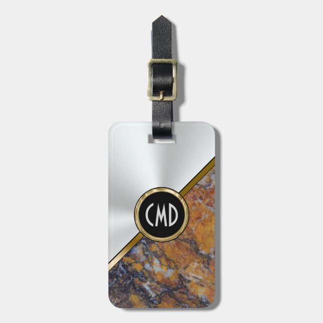 Metallic Faux Silver & Brown Faux Marble Luggage Tag (Front Vertical)