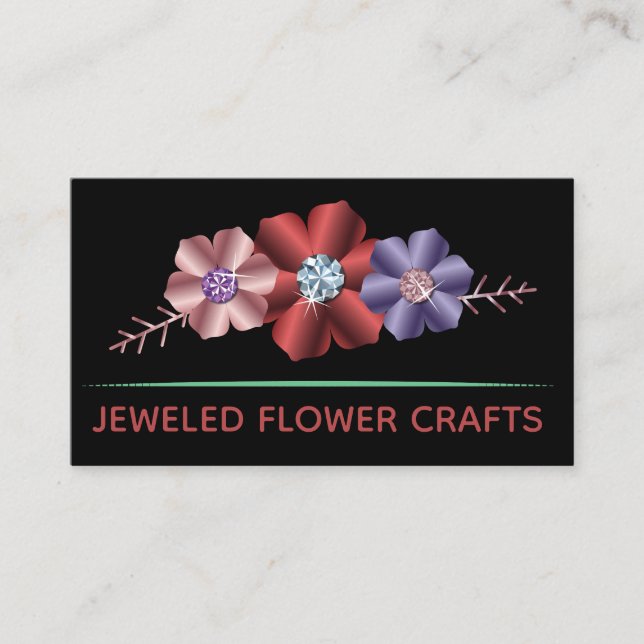 Metallic Flowers and Rhinestone Logo Business Card (Front)