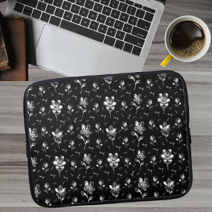 Metallic Flowers Black And Silver Floral Pattern Laptop Sleeve