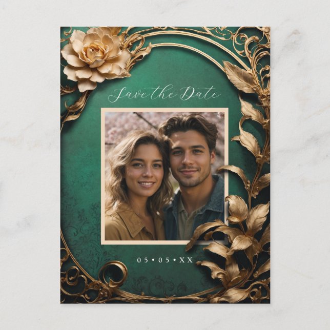 Metallic flowers photo save the date postcard (Front)