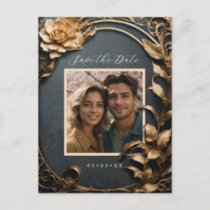Metallic flowers photo save the date postcard