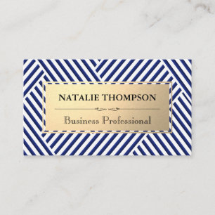 Metallic Frame   Blue White Striped Pattern Business Card
