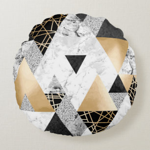 Metallic Geometric: Gold Silver Marble Round Cushion