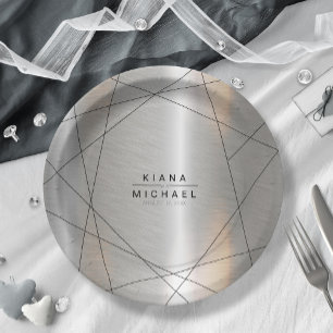 Metallic Geometric Wedding Silver/Black ID648 Paper Plate