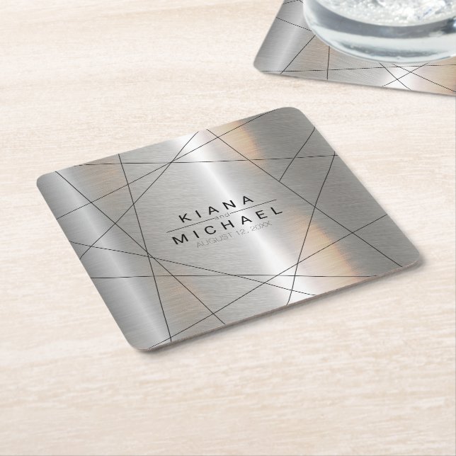 Metallic Geometric Wedding Silver/Black ID648 Square Paper Coaster (Angled)