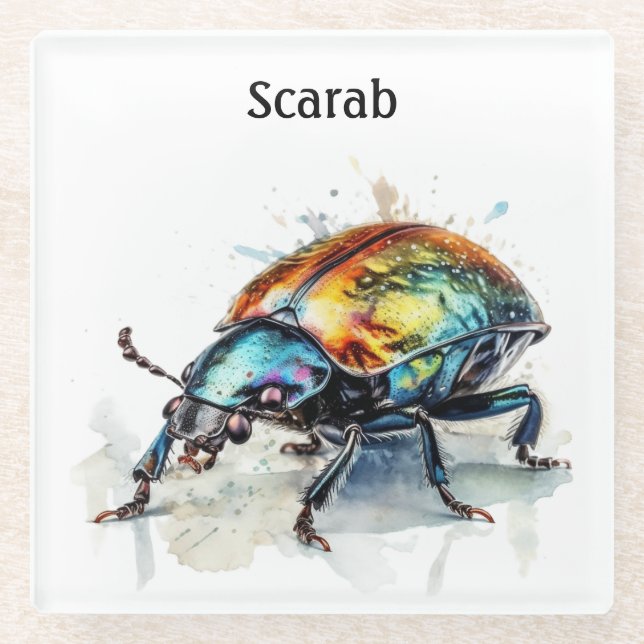 metallic glow scarab beetle, customisable glass coaster (Front)