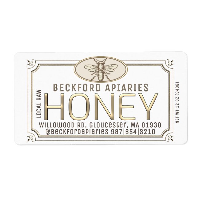 Metallic Gold 3D Framed Honey Label with Bee (Front)