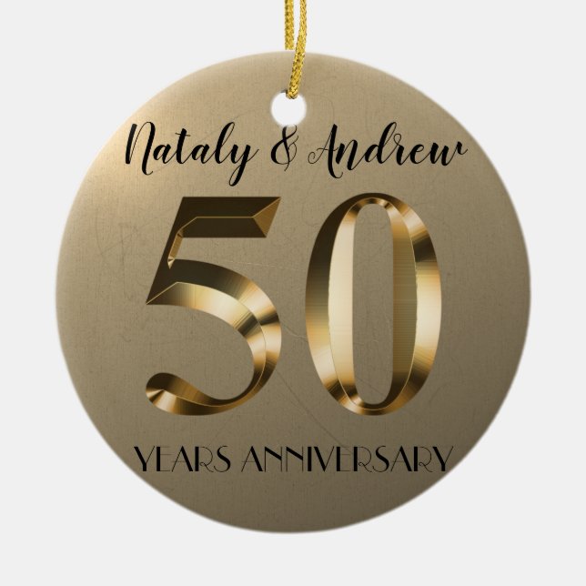 Metallic Gold 50th Wedding Anniversary Ceramic Tree Decoration (Front)