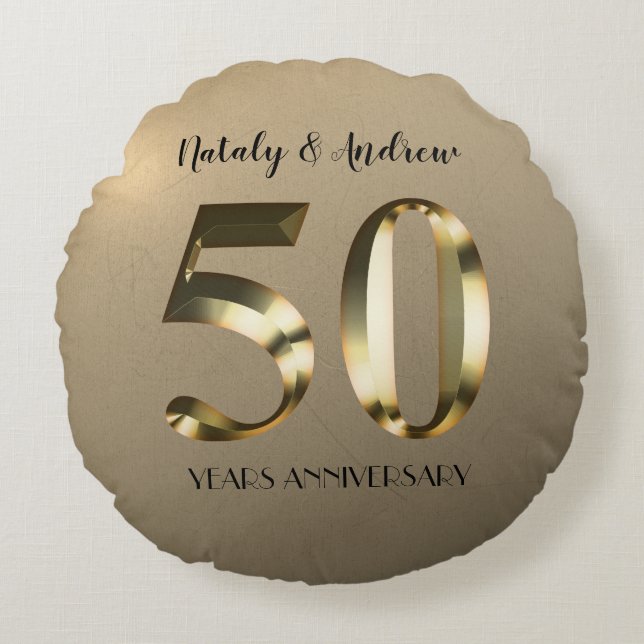 Metallic Gold 50th Wedding Anniversary Round Cushion (Front)
