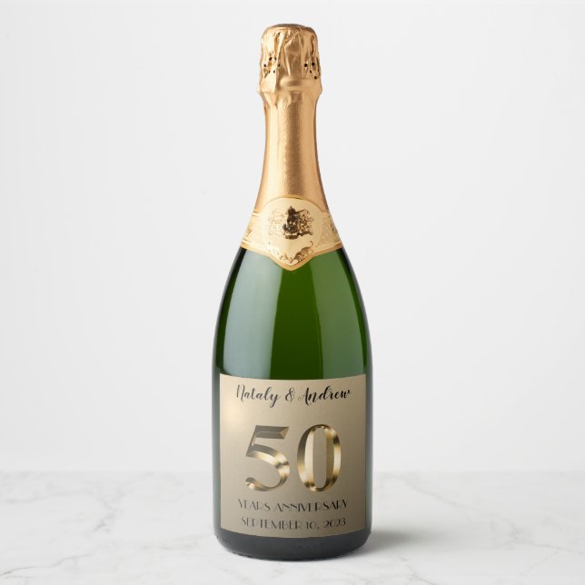 Metallic Gold 50th Wedding Anniversary Sparkling Wine Label (Front)