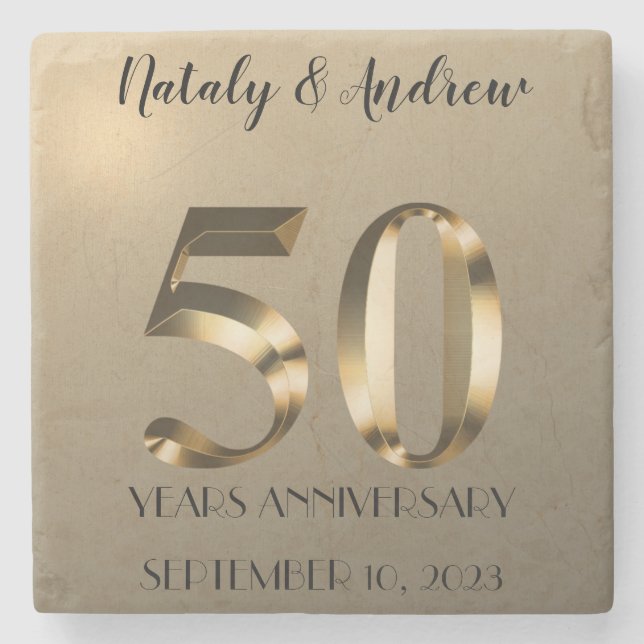 Metallic Gold 50th Wedding Anniversary Stone Coaster (Front)