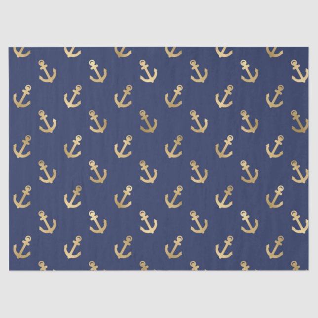 Metallic Gold Anchors on Navy Blue Decoupage Tissue Paper (Front)