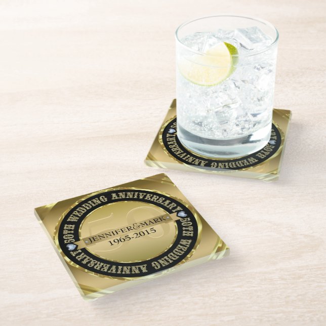 Metallic Gold And 2 Hearts 50th Anniversary 2 Glass Coaster (Angled)