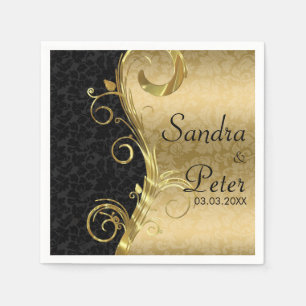 Metallic Gold And Black Damask- Save The Date Napkin