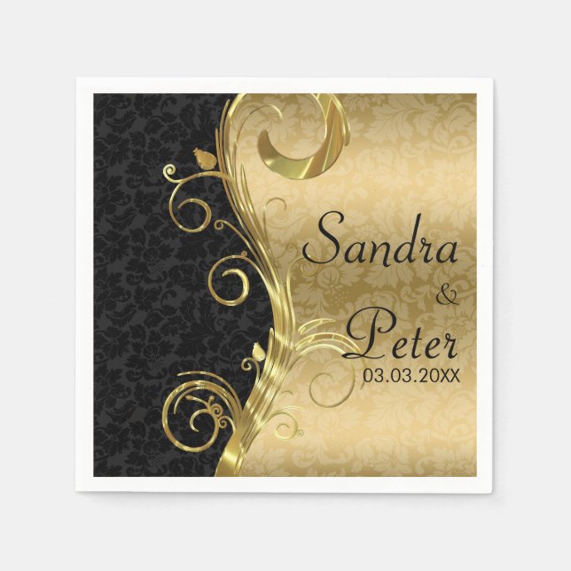 Metallic Gold And Black Damask- Save The Date Napkin (Front)