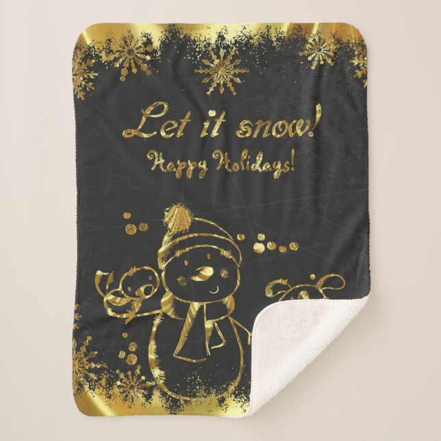 Metallic Gold And Black- Merry Christmas Sherpa Blanket (Front)