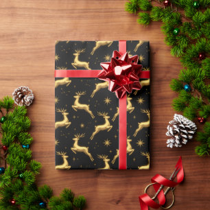Metallic Gold and Black Reindeer and Stars Wrapping Paper