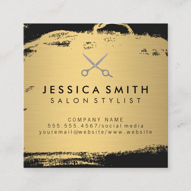 Metallic Gold and Black | Salon Stylist Square Business Card (Front)