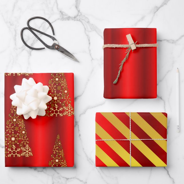 Metallic Gold and Red Christmas  Wrapping Paper Sheet (Front)