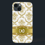 Metallic Gold And White Vintage Floral Damasks iPhone 13 Case<br><div class="desc">Elegant metallic gold and white ornate floral damasks pattern with custom and optional monogram/name.</div>