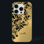 Metallic Gold Background Black Swirl Ornament iPhone 15 Pro Case<br><div class="desc">Elegant black swirl lace ornament over an image of metallic gold brushed aluminium look.</div>