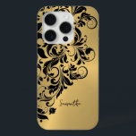 Metallic Gold Background Black Swirl Ornament iPhone 15 Pro Case<br><div class="desc">Elegant black swirl lace ornament over an image of metallic gold brushed aluminium look.</div>