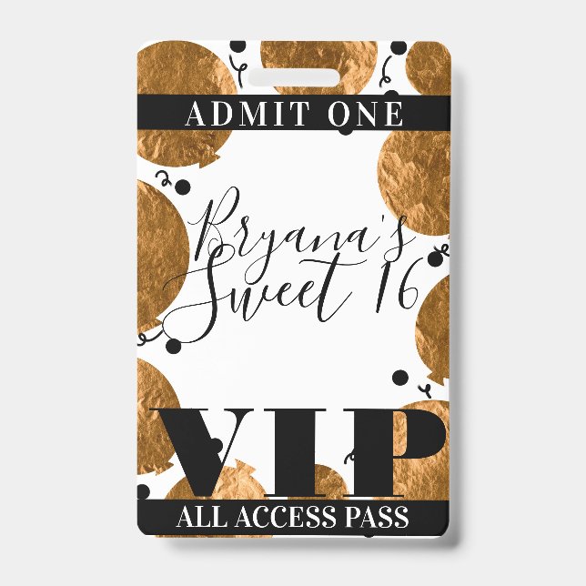 Metallic Gold Balloons Sweet 16 Party VIP Pass ID Badge (Front)