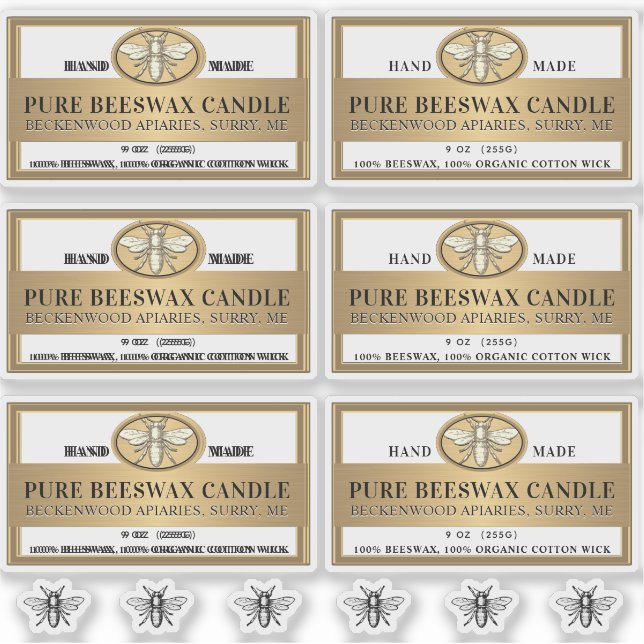 Metallic Gold Beeswax Candle Label with bee (Front)