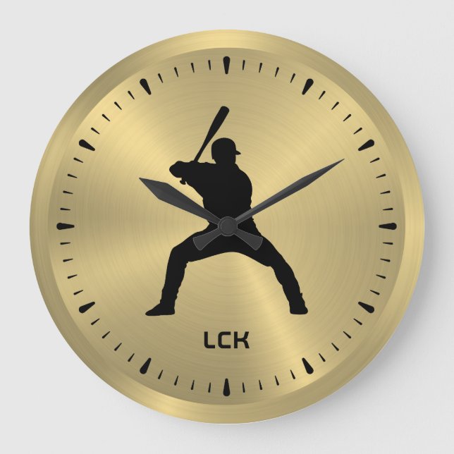 Metallic Gold Black Baseball Player Silhouette Large Clock (Front)