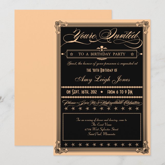 Metallic Gold & Black Fancy Birthday Party Invitation (Front/Back)