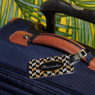 Metallic Gold & Black Herringbone   Personalise Luggage Tag