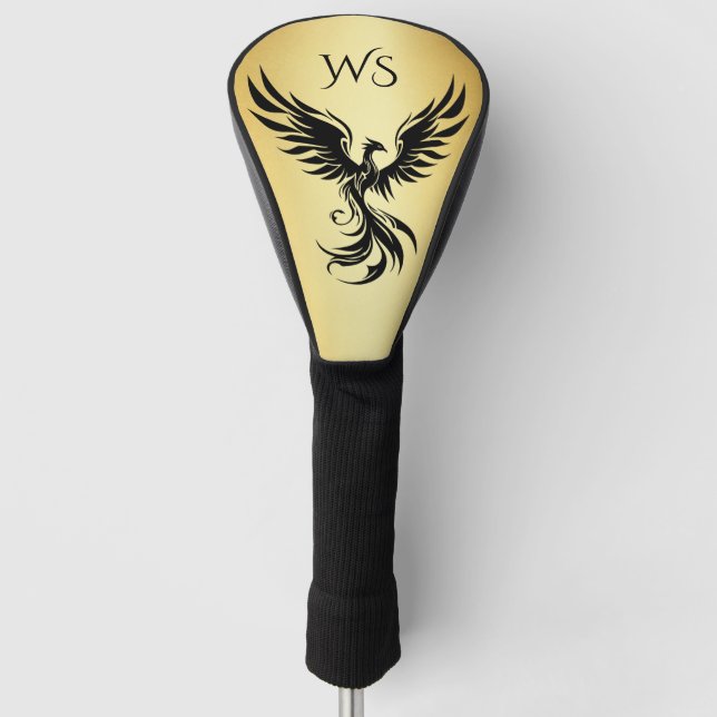 Metallic Gold Black Phoenix Monogrammed Initial Golf Head Cover (Front)
