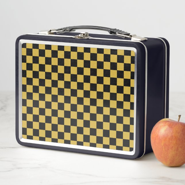 Metallic Gold & Black Square Style Pattern Metal Lunch Box (In Situ)