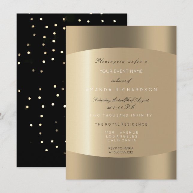 Metallic Gold Black White Minimal Sepia Dots Invitation (Front/Back)