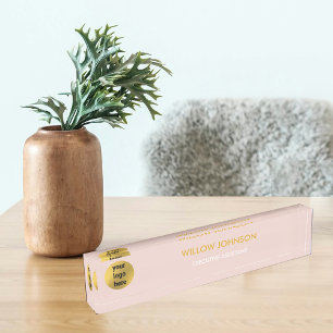Metallic Gold & Blush Pink Business Logo Executive Nameplate