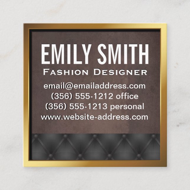 Metallic Gold Border | Brown Texture | Upholstered Square Business Card (Front)