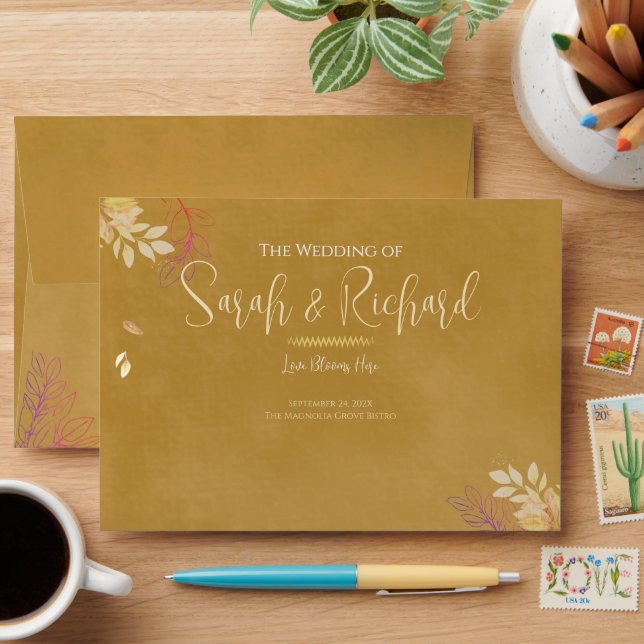 Metallic Gold Botanical Velvet Luxury Wedding Envelope (Desk)