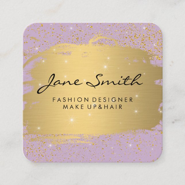 Metallic Gold Brushed Purple and Sparkle Square Business Card (Front)