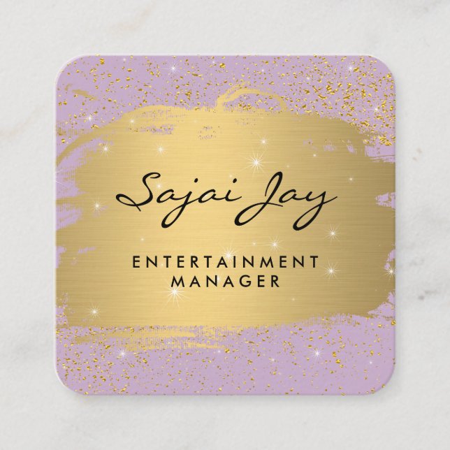 Metallic Gold Brushed Purple and Sparle Square Business Card (Front)