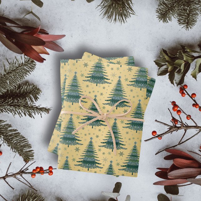 Metallic Gold Christmas Green Trees Pattern Wrapping Paper Sheet (Creator Uploaded)
