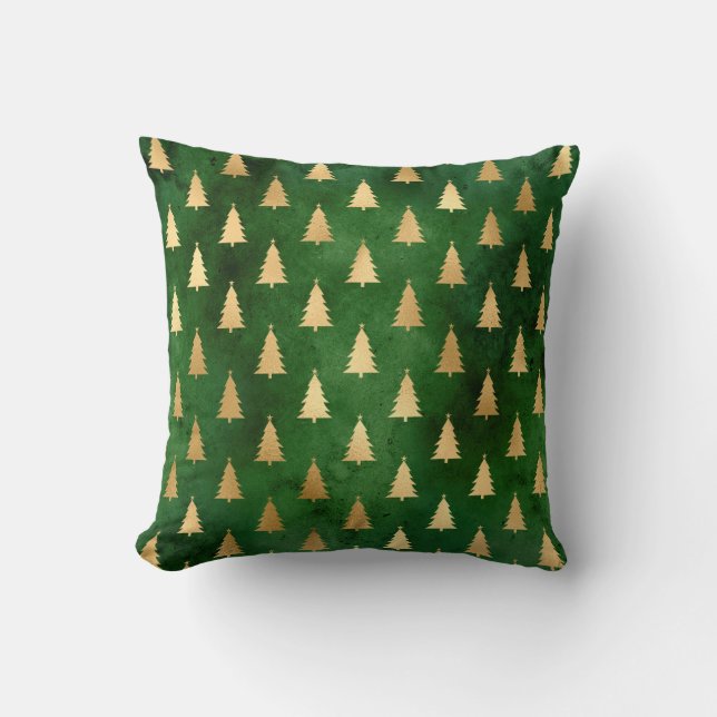 Metallic Gold Christmas Trees on Green Cushion (Front)