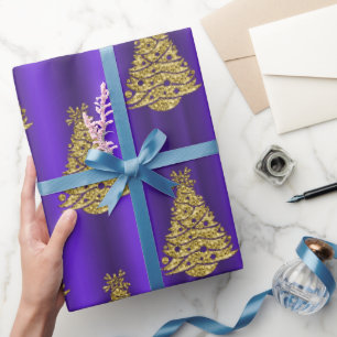 Metallic Gold Christmas Trees on Purple Christmas Wrapping Paper