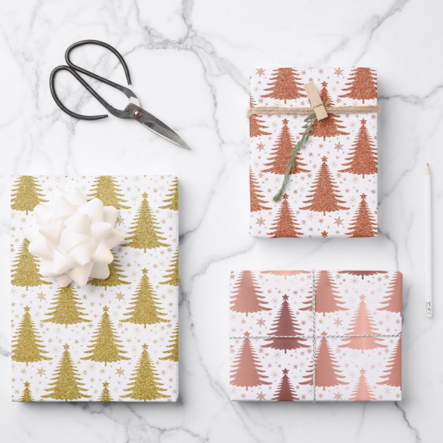 Metallic Gold Christmas Trees Pattern Glitter Wrapping Paper Sheet (Front)