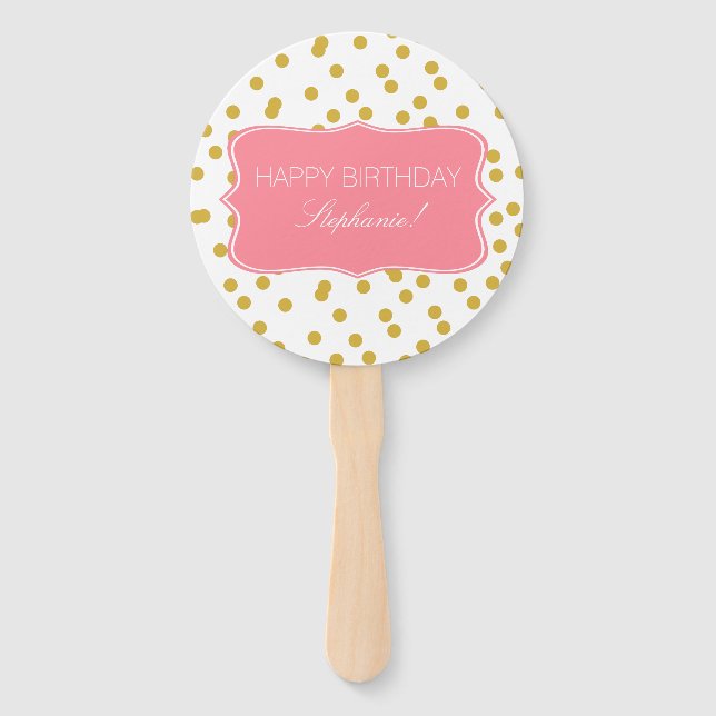 Metallic Gold Confetti with Pink Birthday Party Hand Fan (Front)