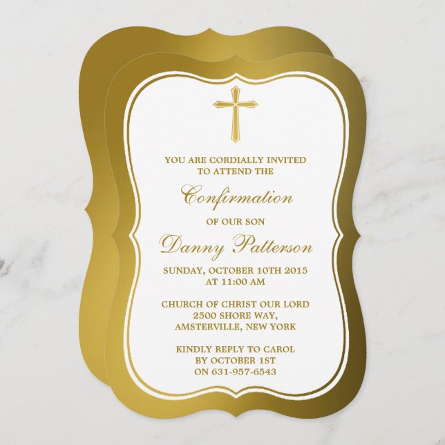 Metallic Gold Cross Holy Communion Or Confirmation Invitation (Front/Back)