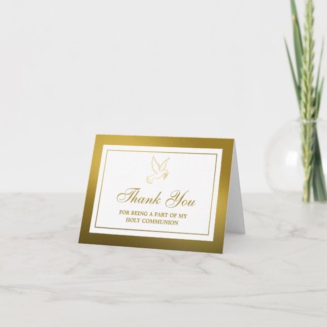 Metallic Gold Dove Holy Communion Or Confirmation Thank You Card (Front)